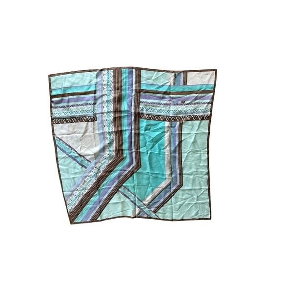 Adrienne Landau Silk Scarf Women's Blue Brown Geometric Square 34" x 34" - Picture 6 of 6